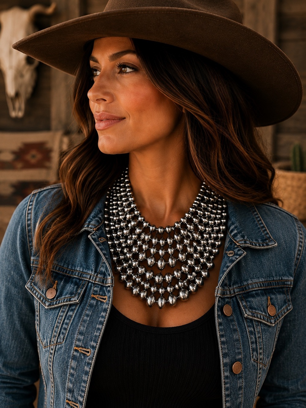 Western 7 Strand Faux Navajo Pearl Style Chunky Collar Necklace NWT - Picture 3 of 4